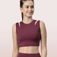 Enamor Shelf Bra Crop Vest | Crew Neck Vest With In-Built Shelf Bra Support | Hugged Fit E123