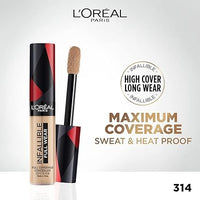 L'Oreal Paris Full Coverage Concealer, Waterproof Formula, For Undereye Circles and Blemishes, For Highlighting and Contouring, Infallible, Shade: 314, 10g