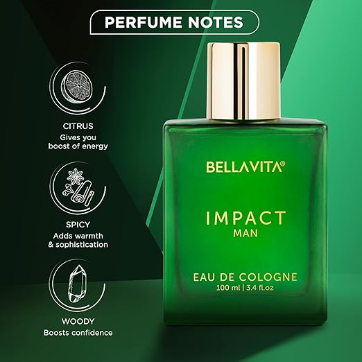 Bella Vita Luxury IMPACT MAN Eau De Cologne Perfume with Mandarin Orange, Patchouli, Cedar Woody, Citrusy Long Lasting EDC Fragrance Scent for Men