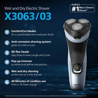 Philips Electric Shaver for Men, SkinProtect Technology, Wet and Dry Shave, 3D Floating Heads, 27 Self Sharpening Blades, Pop-up Trimmer, Cordless, Waterproof X3063/03 (New Model)