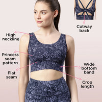 Enamor Longline Sports Bra – Printed | Scoop Neck Medium Impact Dry Fit Sports Bra | Held-in Fit E217