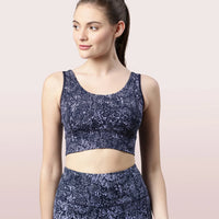 Enamor Longline Sports Bra – Printed | Scoop Neck Medium Impact Dry Fit Sports Bra | Held-in Fit E217