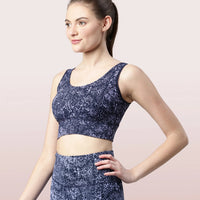 Enamor Longline Sports Bra – Printed | Scoop Neck Medium Impact Dry Fit Sports Bra | Held-in Fit E217