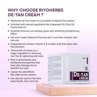 Riyo Herbs De-Tan Cream | Enriched with Natural Ingredients Grapeseed Oil & Olive Oi | for Face, Neck, Hands & Foot | Without Bleach Formulation | For Tan Removal & Even Skin Brightening, 100gm
