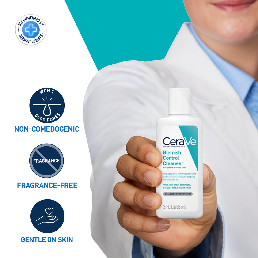 CeraVe Blemish Control Cleanser with 2% Salicylic Acid & Niacinamide for Acne Prone Skin, Controls Acne & Spots, Unclog Pores & Reduces Blemishes 88ml