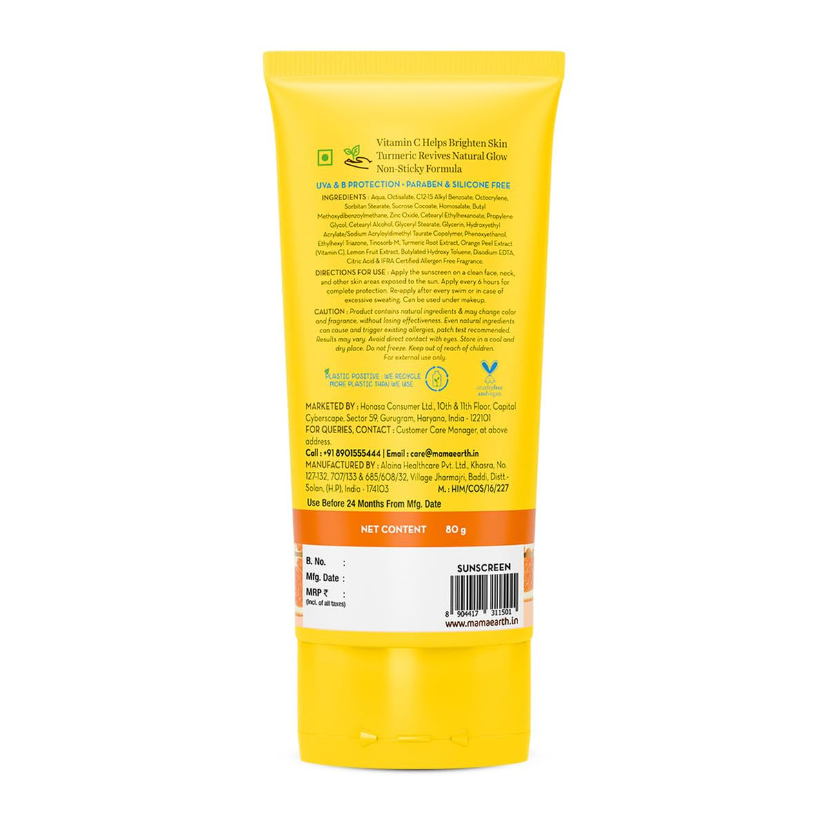 Mamaearth Vitamin C Daily Glow Sunscreen with Vitamin C & Turmeric | For Sun Protection, Tan Protection & Glow | SPF 50 & PA++++ Protection | No White Cast | Lightweight & Non-Sticky | Brightens Skin | In-Vivo Tested | For All Skin Types