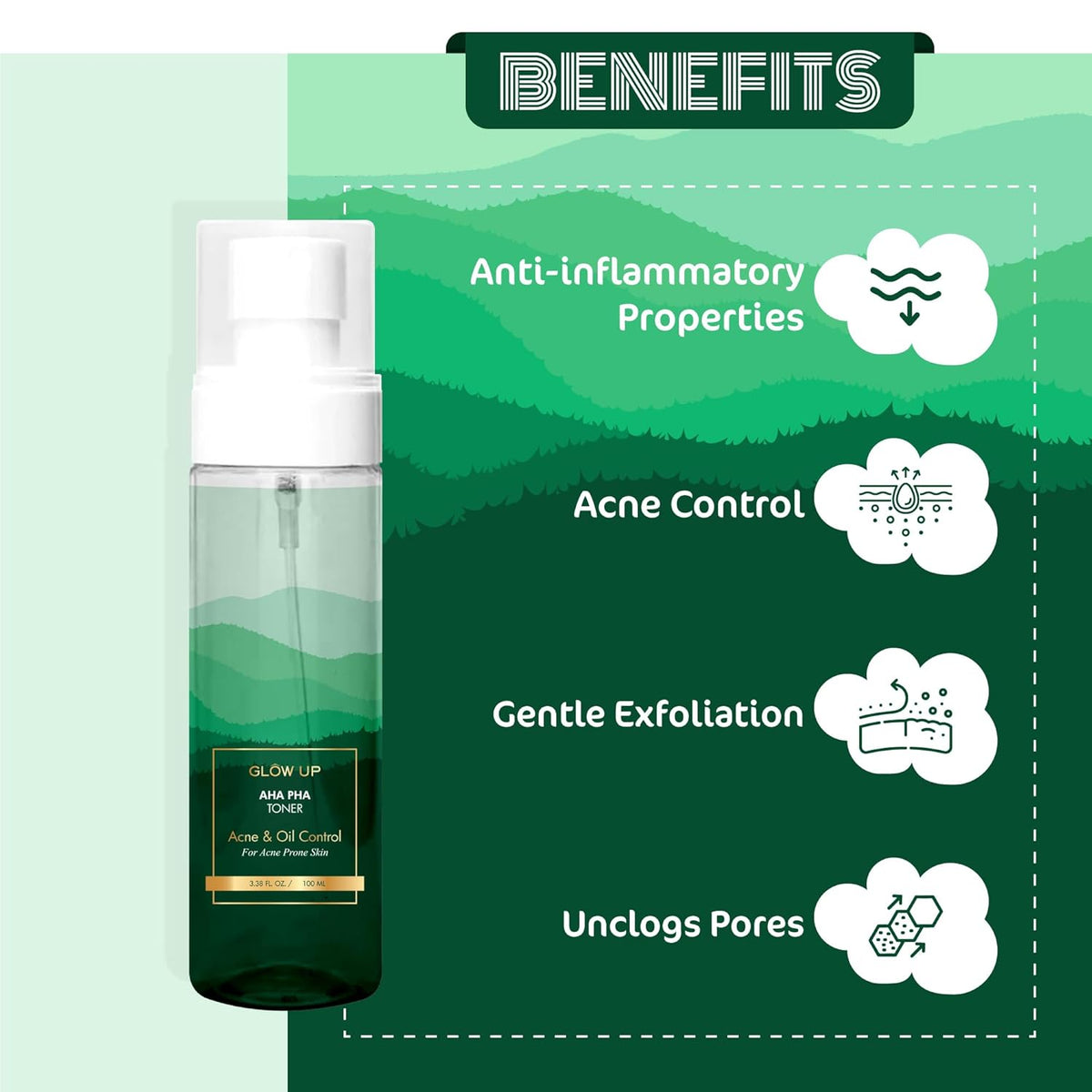 Glow Up AHA PHA Toner Acne & Oil Control for Acne Prone Skin| Alcohol free| With AlphaHydroxy and PolyHydroxy Acids| Fight Pimples|  For Men and Women| 100ml