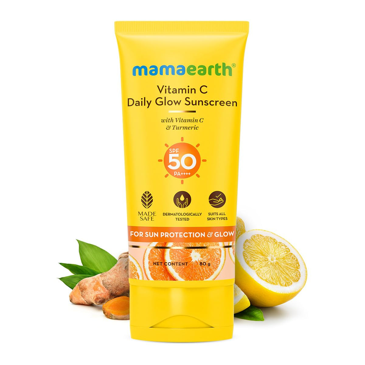Mamaearth Vitamin C Daily Glow Sunscreen with Vitamin C & Turmeric | For Sun Protection, Tan Protection & Glow | SPF 50 & PA++++ Protection | No White Cast | Lightweight & Non-Sticky | Brightens Skin | In-Vivo Tested | For All Skin Types