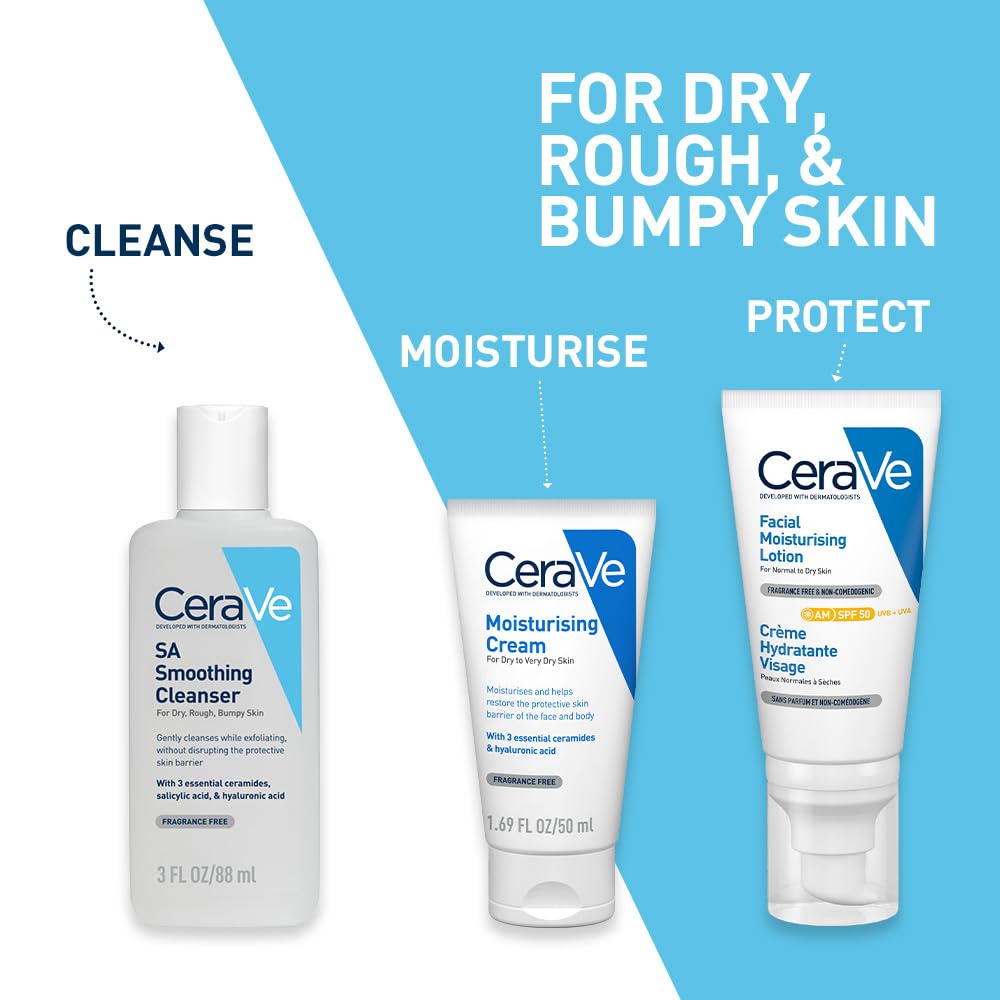 CeraVe SA Smoothing Cleanser For Dry, Rough & Bumpy Skin, contains Salicylic Acid, Ceramides, Hyaluronic Acid|Dermatologist Recommended Face wash (88ml)