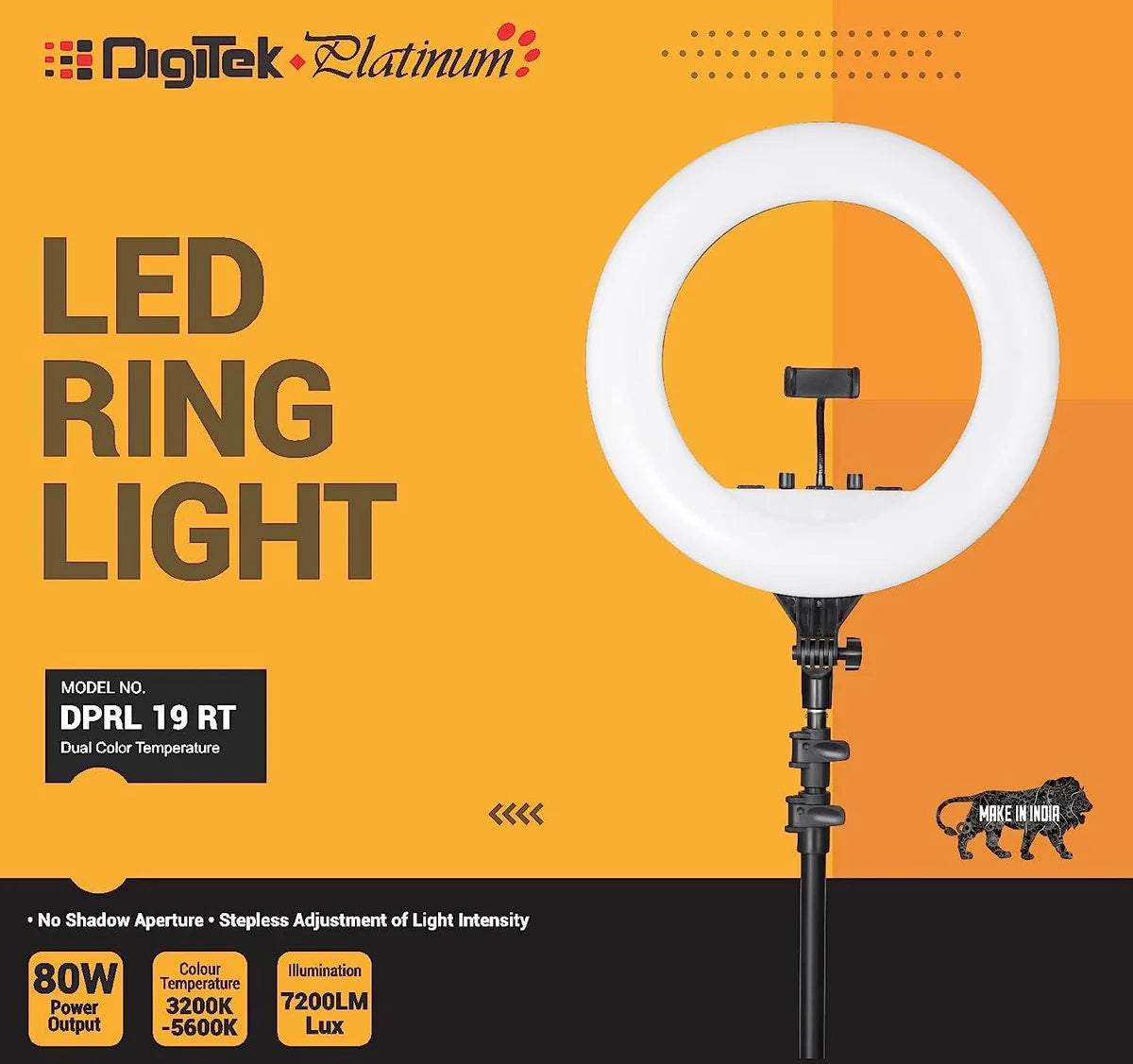 Digitek Platinum DPRL-19RT Professional LED Ring Light Runs on AC Power with No Shadow apertures, Ideal use for Makeup, Video Shoot, Fashion Photography & Many More