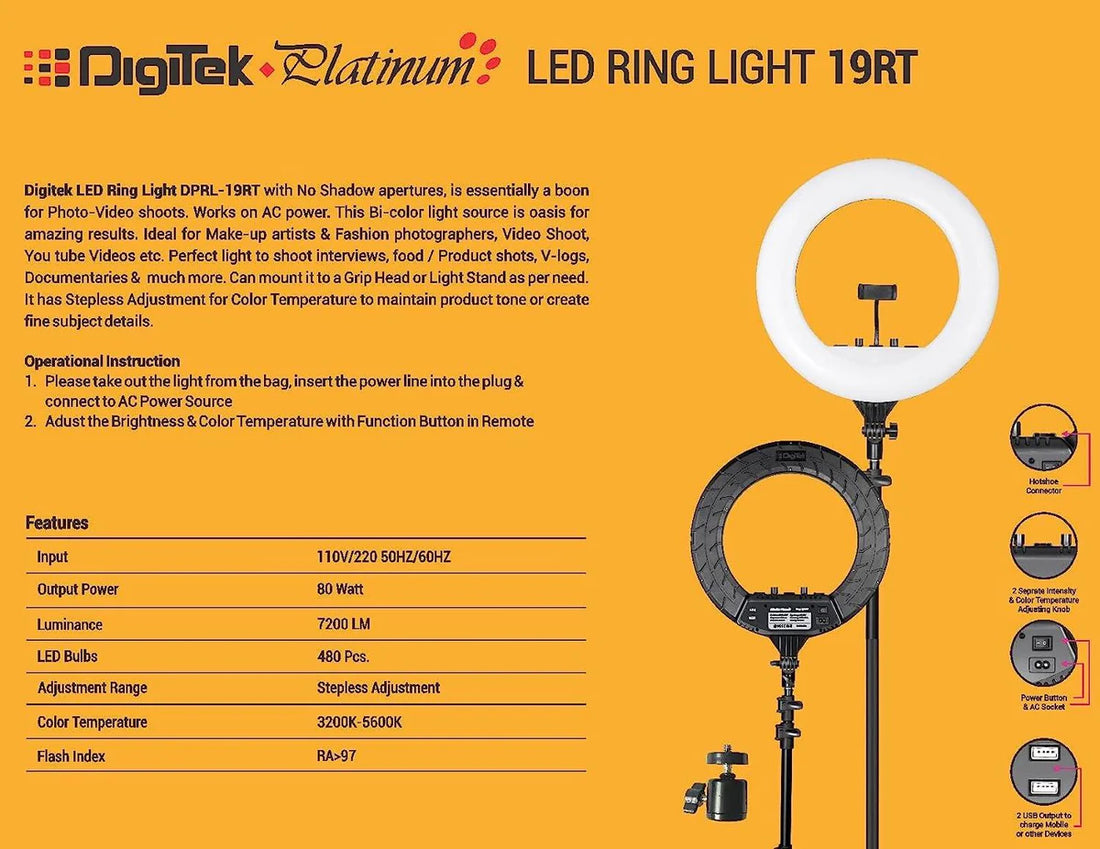 Digitek Platinum DPRL-19RT Professional LED Ring Light Runs on AC Power with No Shadow apertures, Ideal use for Makeup, Video Shoot, Fashion Photography & Many More