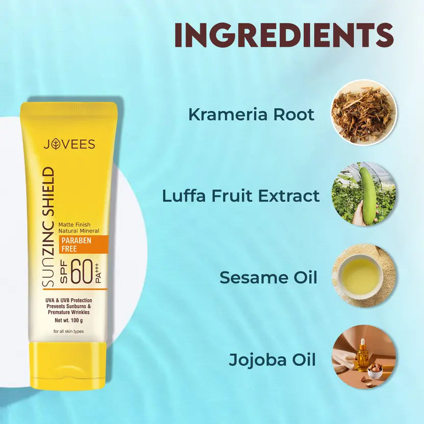 JOVEES SUNZINC SHIELD SPF 60PA+++ Matte Finish natural Mineral - SPF 60 PA+++ 100g