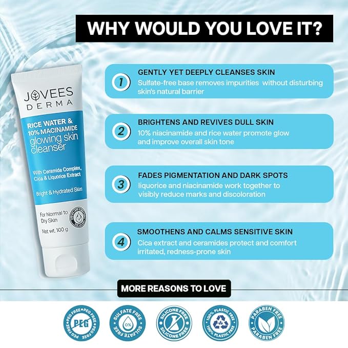 Jovees Derma Rice Face Wash With Rice Water & Niacinamide For Glass Skin,Brightens,Helps Fade Blemishes & Even Tone,Softens & Smoothens Skin,Gentle For All Skin Type,For Unisex 100g