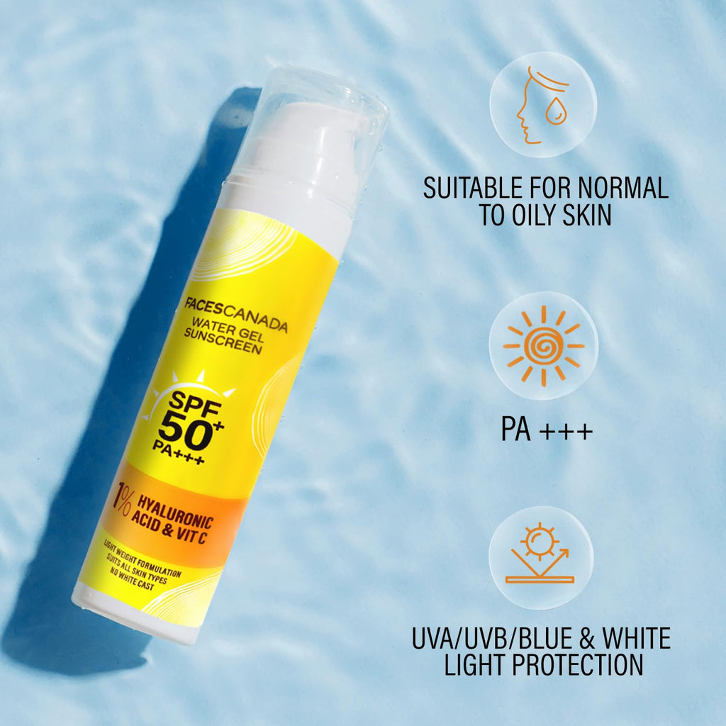 FACES CANADA Water Gel Sunscreen, 50g | SPF 50 PA+++ | Protects From UVA, UVB & Blue-Light Rays | 1% Hyaluronic Acid & Vitamin C | Lightweight | No White Cast | Natural Radiant Glow