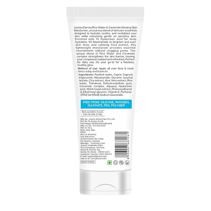 Jovees Derma Ceramides Moisturizer with Hyaluronic & Rice Water for Intense Moisturizing and Brightens Skin | With Niacinamide & Cica Extract | Barrier Repair Cream | For All Skin Type 50g