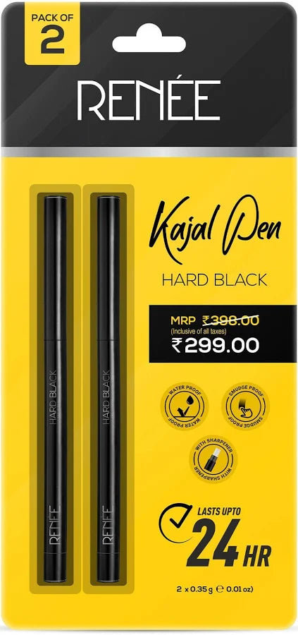 RENEE Hard Black Kajal Pen 24hr 2x(0.35g) Pack of 2
