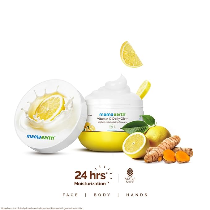 Mamaearth Vitamin C Daily Glow Light Moisturizing Cream with Vitamin C & Turmeric For Face, Hand & Body | 24H Moisturization | Quick Absorbing, Non-Greasy | Soft Moisturizer 200g