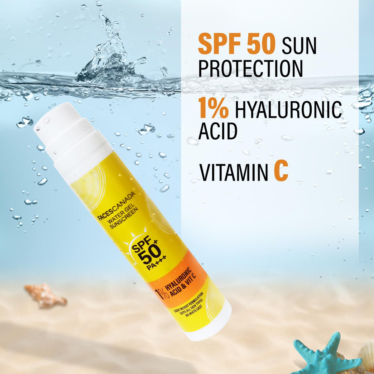 FACES CANADA Water Gel Sunscreen, 50g | SPF 50 PA+++ | Protects From UVA, UVB & Blue-Light Rays | 1% Hyaluronic Acid & Vitamin C | Lightweight | No White Cast | Natural Radiant Glow