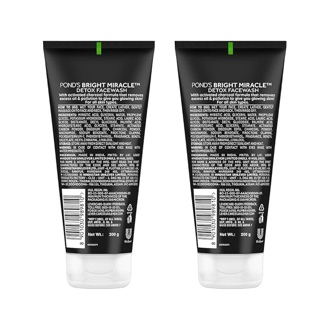 POND's Ponds Bright Miracle Detox Facewash With 10X Power Of Charcoal, 200Gm (Pack Of 2)