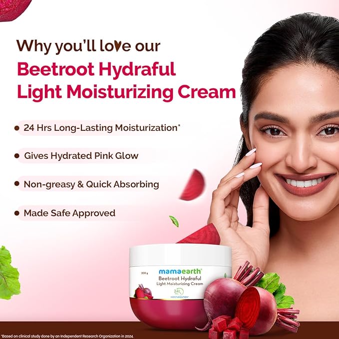 Mamaearth Beetroot Hydraful Light Moisturizing Cream with Beetroot & Hyaluronic Acid | For Hydrated Pink Glow | For Face, Hand & Body | 24H Moisturization | Quick Absorbing | Non-Greasy | Soft Moisturizer | 200g