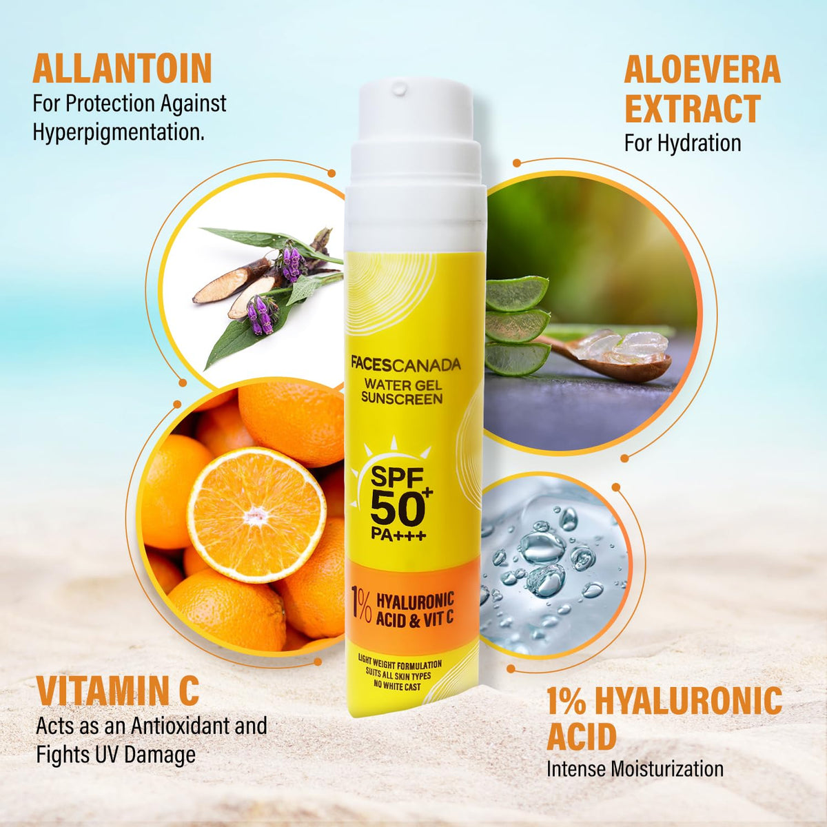 FACES CANADA Water Gel Sunscreen, 50g | SPF 50 PA+++ | Protects From UVA, UVB & Blue-Light Rays | 1% Hyaluronic Acid & Vitamin C | Lightweight | No White Cast | Natural Radiant Glow