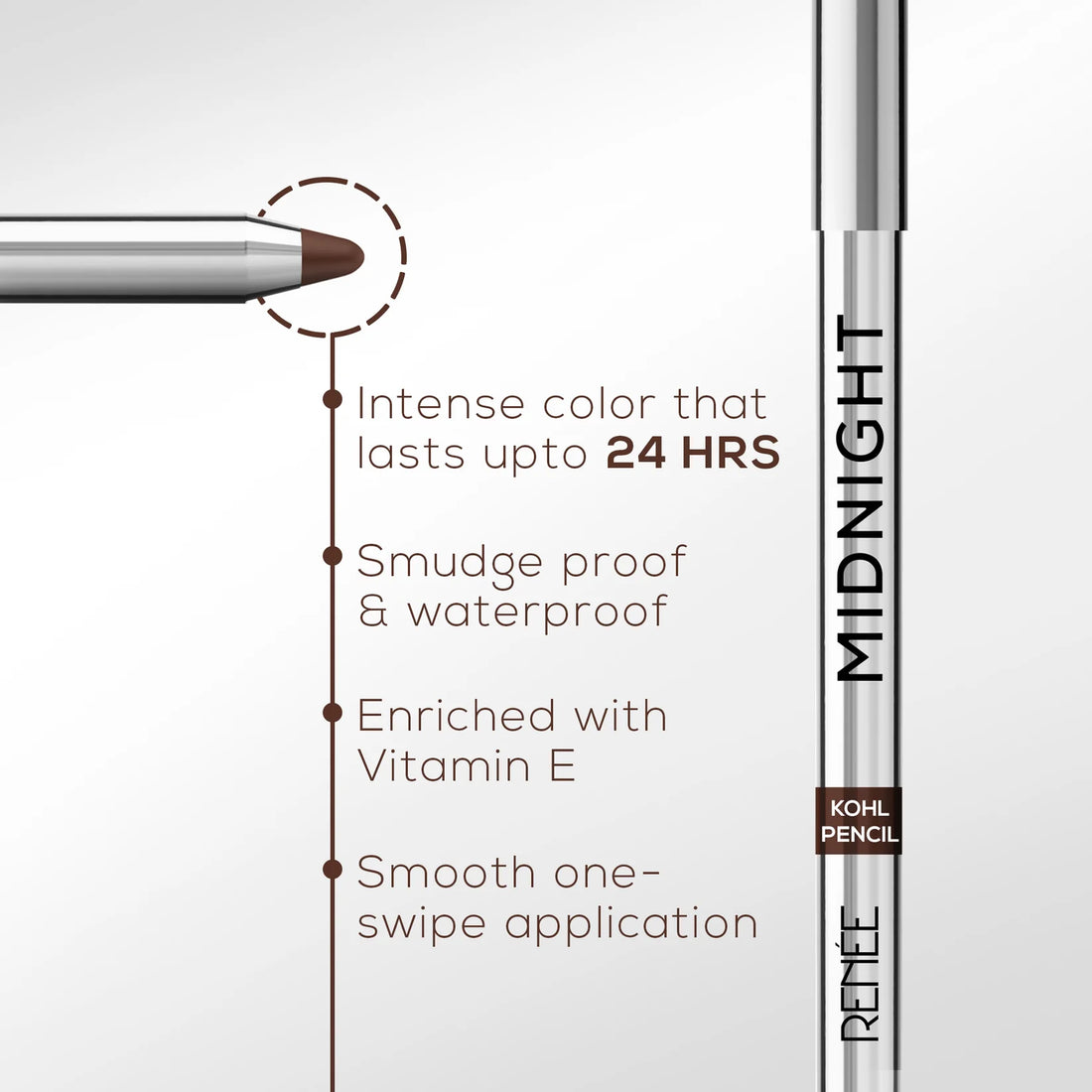 RENEE Midnight Kohl Pencil One-Swipe-Application with rich color Payoff - Smudgeproof and waterproof - Enriched with Vitamin E, Olive Oil and Castor Oil - 1.5 Gm