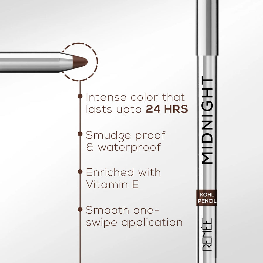 RENEE Midnight Kohl Pencil One-Swipe-Application with rich color Payoff - Smudgeproof and waterproof - Enriched with Vitamin E, Olive Oil and Castor Oil - 1.5 Gm