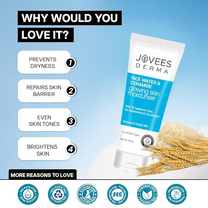 Jovees Derma Ceramides Moisturizer with Hyaluronic & Rice Water for Intense Moisturizing and Brightens Skin | With Niacinamide & Cica Extract | Barrier Repair Cream | For All Skin Type 50g
