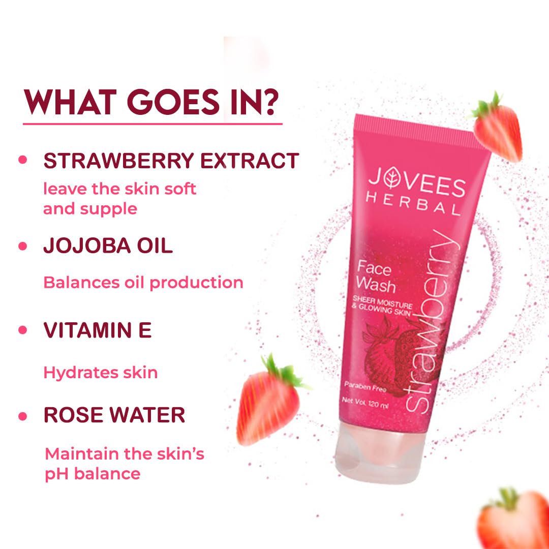 Jovees Herbal Strawberry Face Wash For Hydrating & Glowing Skin with Strawberry Ext. | Gentle Cleanser For Brightens Skin, Removes Pigmentation 120ml