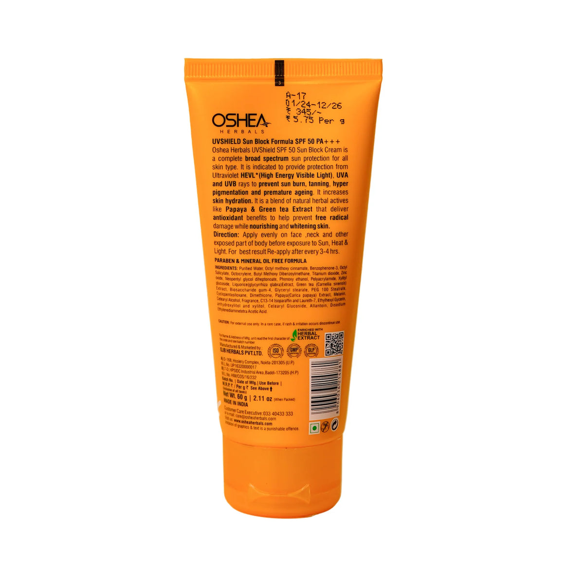 Oshea Herbals Uv Shield Sun Block Formula SPF 50 PA+++ All Type Skin 120g