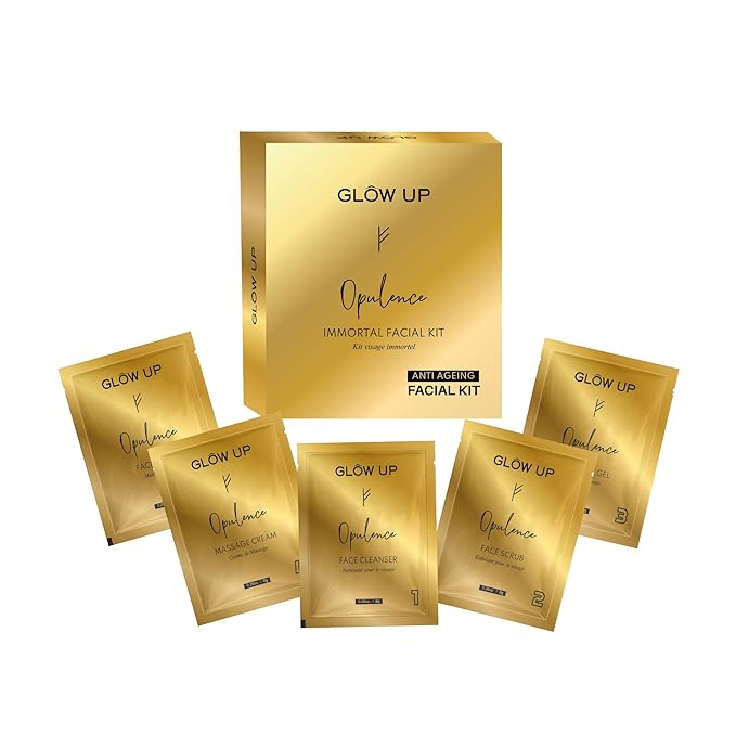 Glow Up Opulence Immortal Anti-ageing Facial Kit| 24k Gold Pigment| Collagen| Peptide | Improves Fine Lines | Reduces signs of Ageing | 5 Step | One Time | Luxurious Salon Makeover At Home In 30 Minutes
