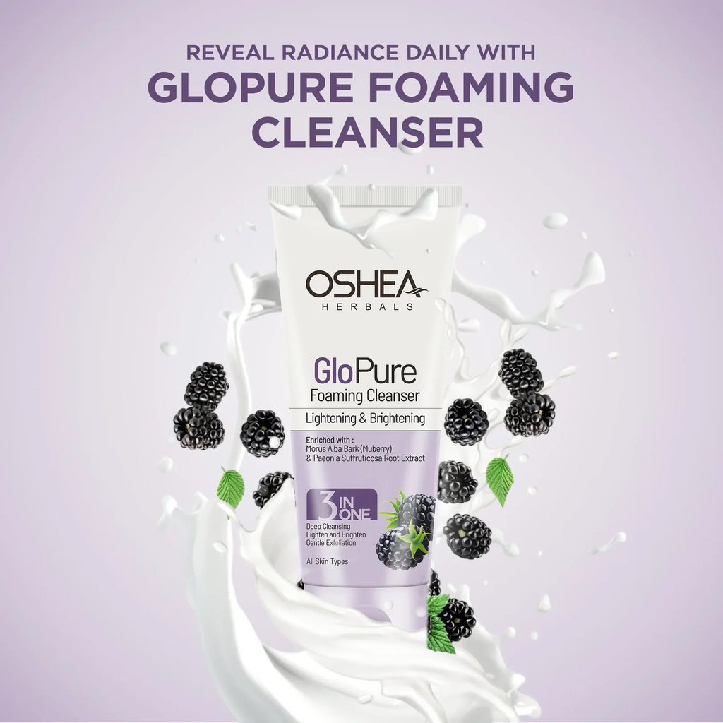 Oshea Herbals Glopure Lightening and Brightening Foaming Cleanser 3 in One Deep Cleansing,Lighten and Brighten,Gentle Exfoliation All Skin Types 100ml