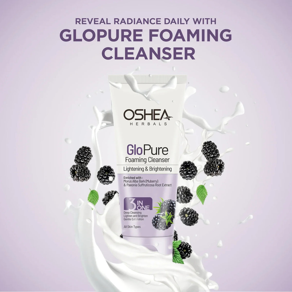 Oshea Herbals Glopure Lightening and Brightening Foaming Cleanser 3 in One Deep Cleansing,Lighten and Brighten,Gentle Exfoliation All Skin Types 100ml