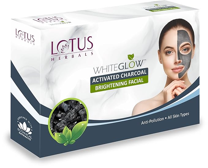 Lotus Herbals WhiteGlow Activated Charcoal Brightening 4 in 1 Facial Kit | Tea Tree | Oil Control & Anti Pollution | Salon Grade | All Skin Types | 188g