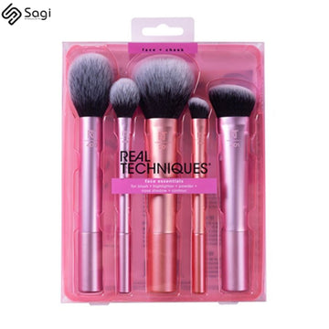 Real Techniques Face Essentials For Blush + Highlighter + Powdre + Nose Shadow + Contour 5 Brush Set