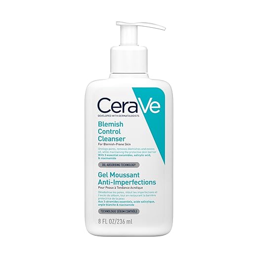 CeraVe Blemish Control Cleanser with 2% Salicylic Acid & Niacinamide for Acne Prone Skin, Controls Acne & Spots, Unclog Pores & Reduces Blemishes, 236ml (Made In France)