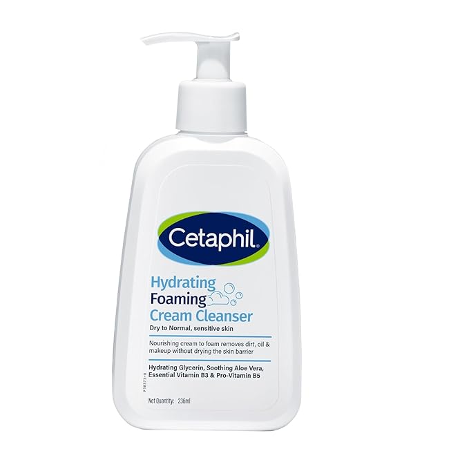 Cetaphil Hydrating Foaming Cream Cleanser 236 ml for Dry to Normal Sensitive Skin with Niacinamide, Aloevera and Glycerin