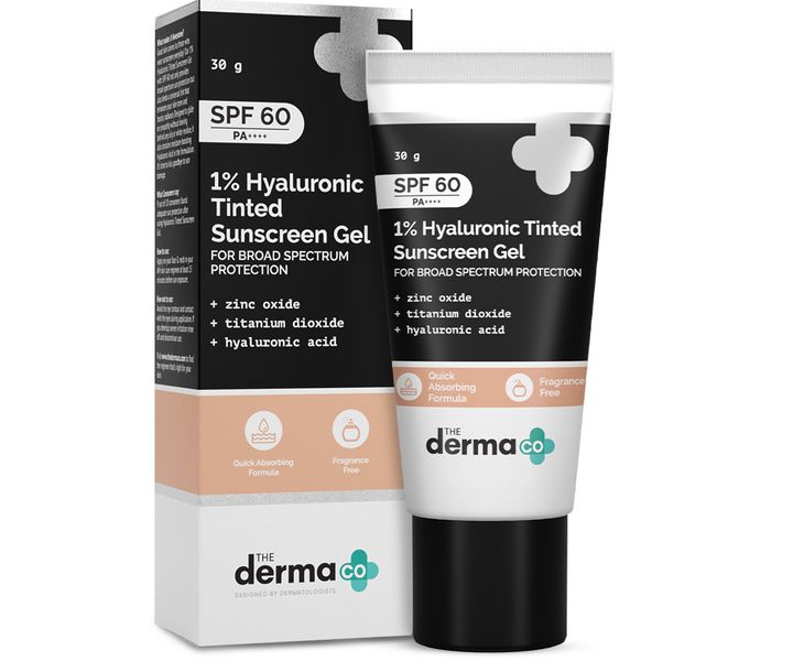 The Derma co 1% Hyaluronic Tinted Sunscreen Gel with SPF 60 & PA++++ for Broad Spectrum Protection - 30g