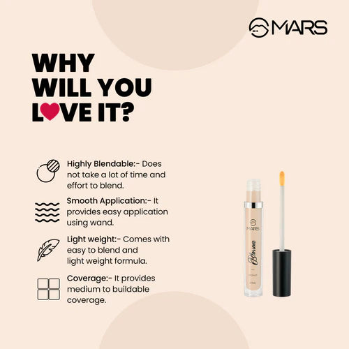 MARS Blossom liquid Concealer | Lightweight With Full Coverage | Highly Blendable Concealer for Face Makeup | Crease Resistant Formula (4.5 ml) 02 Light Beige