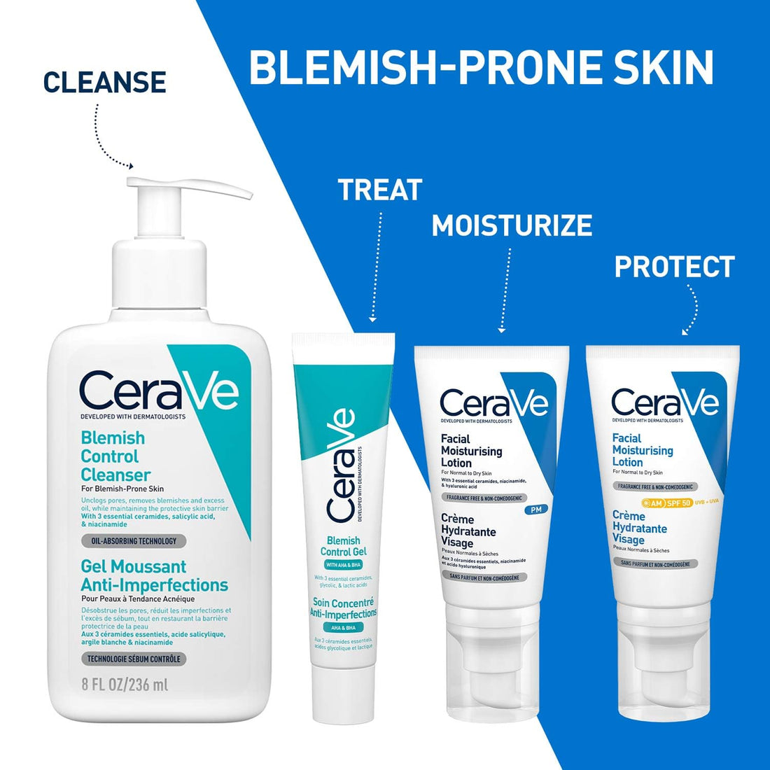 CeraVe Blemish Control Cleanser with 2% Salicylic Acid & Niacinamide for Acne Prone Skin, Controls Acne & Spots, Unclog Pores & Reduces Blemishes, 236ml (Made In France)