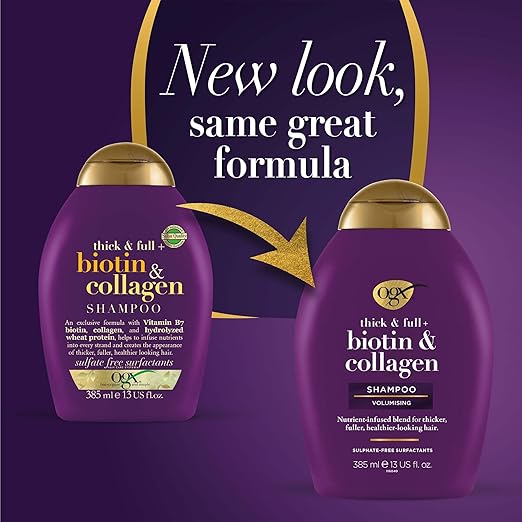 OGX Thick & Full + Biotin & Collagen Volumizing Shampoo for Thin Hair, Thickening Shampoo with Vitamin B7 & Hydrolyzed Wheat Protein, Paraben-Free, Sulfate-Free Surfactants, 385ml