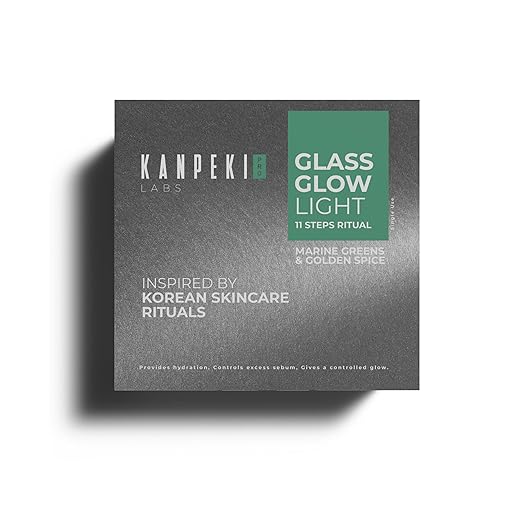 Kanpeki Glass Glow Light Facial Kit – 11 Step Korean Skincare Facial Kit with Marine Greens & Golden Spice Complex Purifies, Balances & Brightens for Oily & Combination Skin
