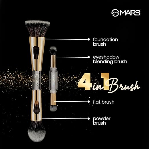 MARS 4 in 1 Travel Brush with Foundation Brush, Powder Brush, Eyeshadow Blending Brush & Flat Brush | Soft Bristles Makeup Brushes Set for Women