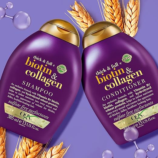 OGX Thick & Full Biotin & Collagen Volumizing Conditioner | Vitamin B7, Collagen & Hydrolyzed Wheat Protein, For Thicker, Fuller, Healthier looking hair, Sulfate Parabens Free 385 ml