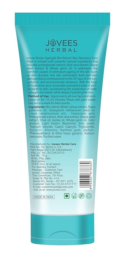 Jovees Herbal Bio-Retinol Revita Ageing Face Mask For Glowing Skin, De-Tan, Pores Tightening & Reduce Sign of Ageing | Made with Eco Certified Bio-Retinol For Men/Women 75g