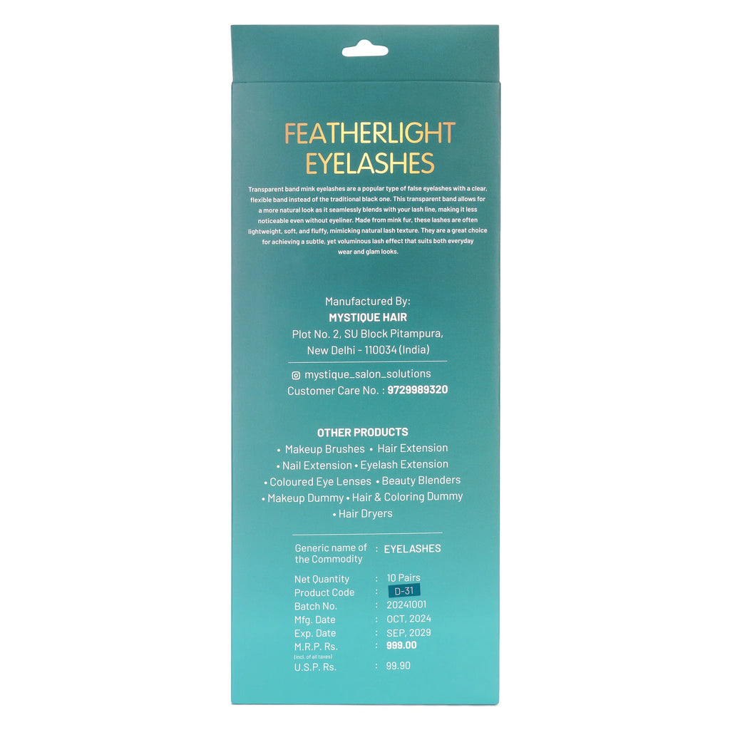 MYSTIQUE HAIR FEATHERLIGHT EYE LASHES TRANSPARENT BAND MINK EYELASHES 10 PAIRS