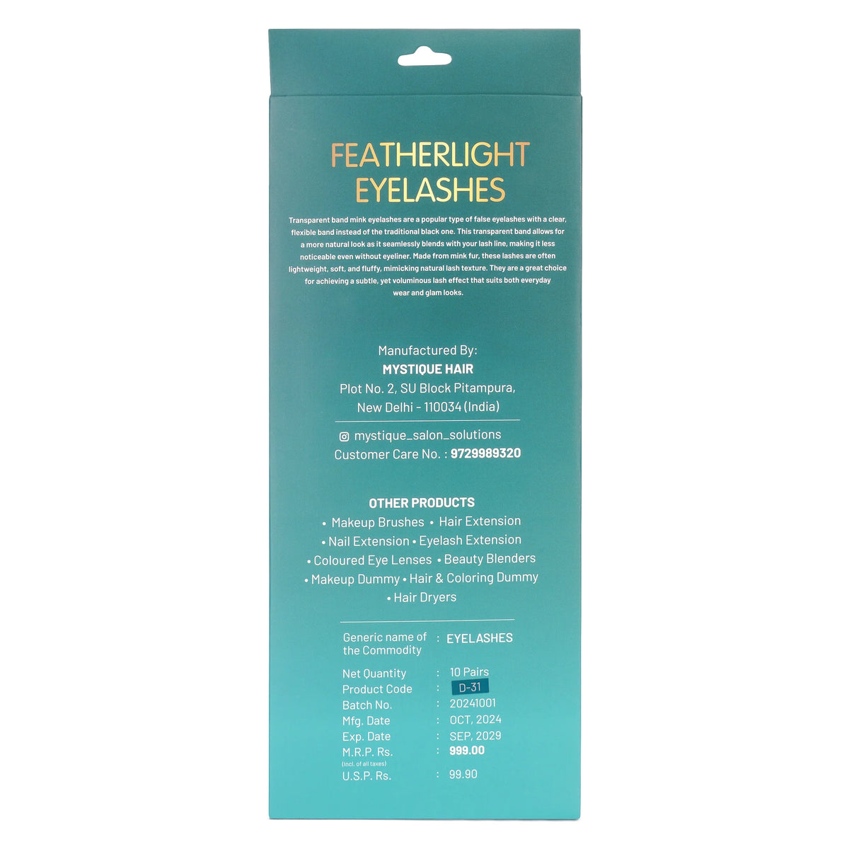 MYSTIQUE HAIR FEATHERLIGHT EYE LASHES TRANSPARENT BAND MINK EYELASHES 10 PAIRS