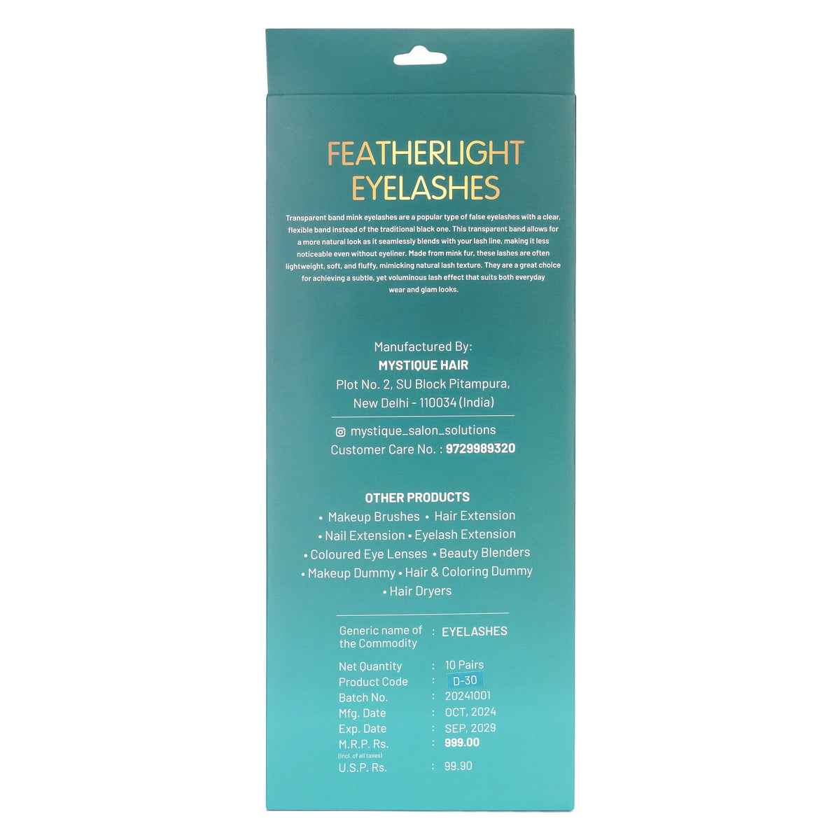 MYSTIQUE HAIR FEATHERLIGHT EYE LASHES TRANSPARENT BAND MINK EYELASHES 10 PAIRS