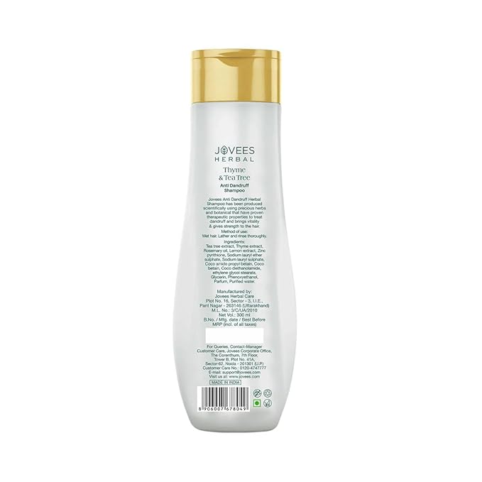 Jovees Herbal Thyme & Tea Tree Anti Dandruff Shampoo | With Tea Tree, Thyme & Lemon Extract | For All Hair Type | Prevents Dandruff & Dry Scalp 300ml