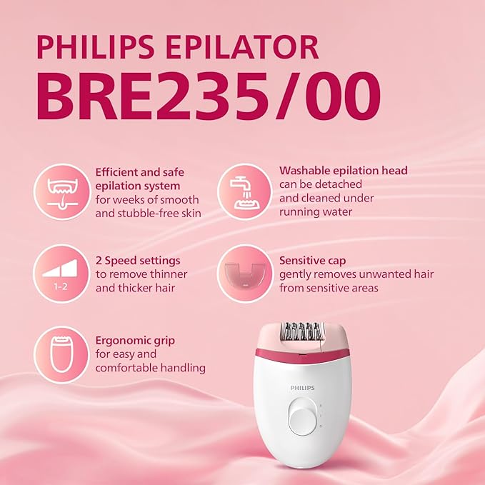 Philips BRE235/00 Corded Compact Epilator (White and Pink) for gentle hair removal at home